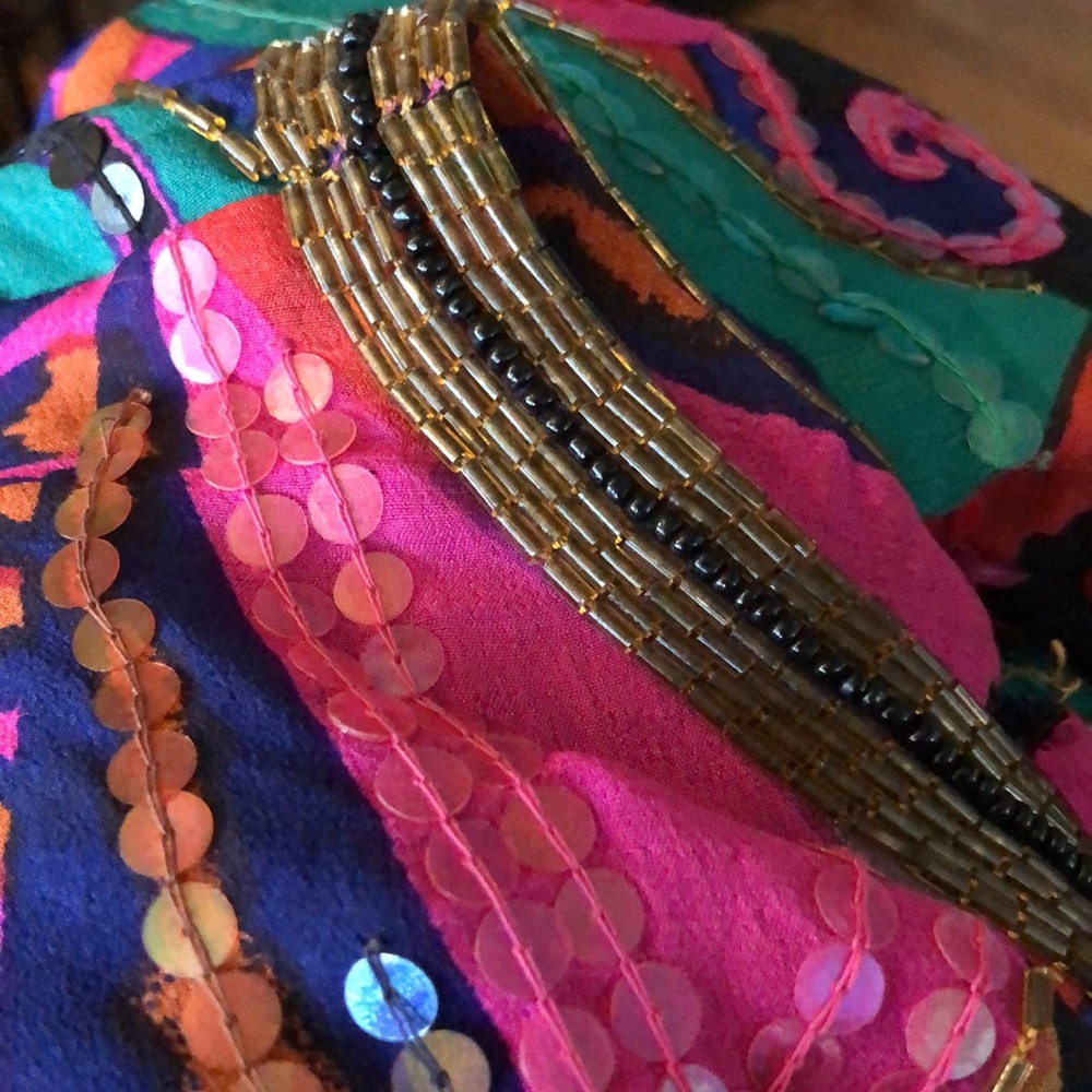 Vintage 60s Judith Ann Creations Beaded Silk Colorful Kaftan Mini Dress Magenta - Picture 3 of 15